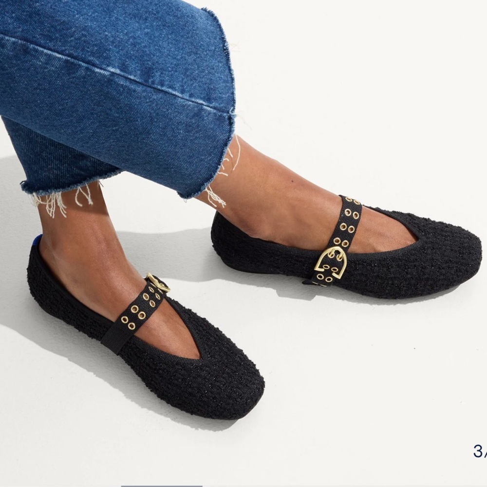 Rothy's Black Bouclé Mary Jane Flats with Gold Buckle